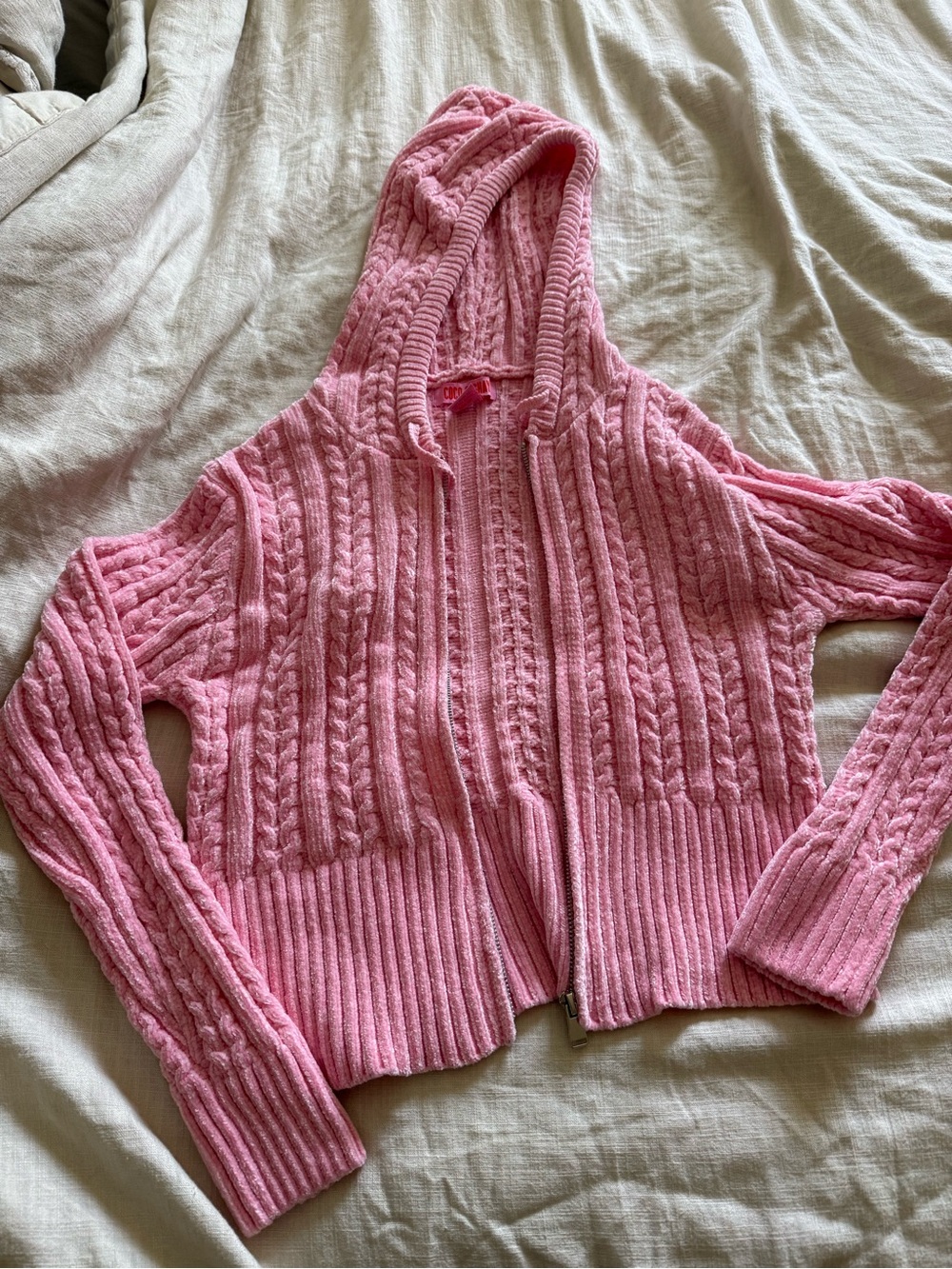 Soft Pink Cable-Knit Hooded Zip Cardigan